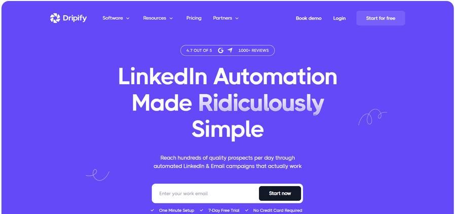 Dripify homepage — LinkedIn automation with 4.7/5 rating from 1000+ reviews, one-minute setup