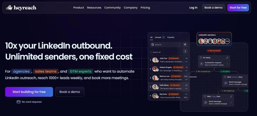 HeyReach interface — unified inbox and sequence builder for multi-account LinkedIn outreach
