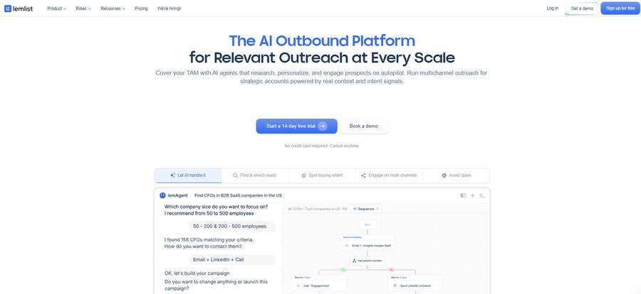 Lemlist AI outreach platform — lemAgent building multichannel campaign with email, LinkedIn and call sequences