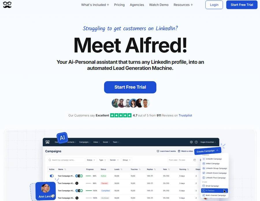 Meet Alfred campaign dashboard — multi-channel LinkedIn, email and X (Twitter) campaign management